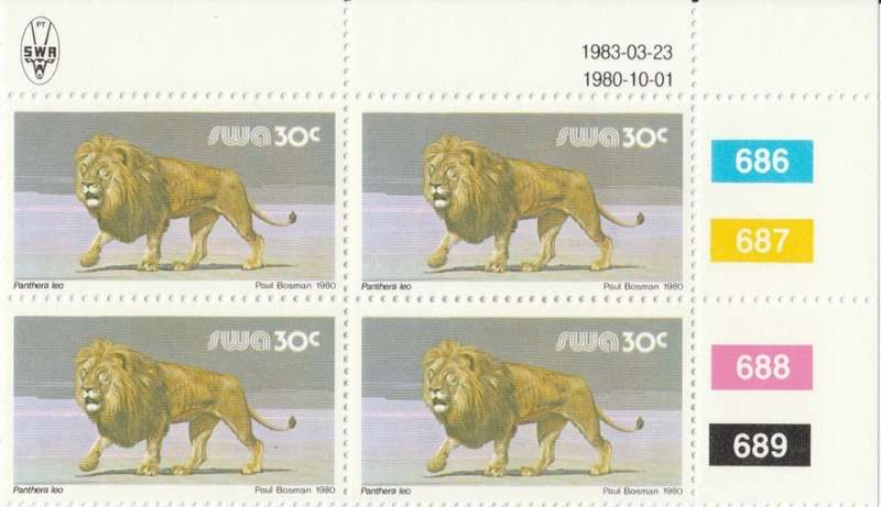 SWA 1980-10-01 3rd Def Iss - 30c Panthera leo SACC 371 x4 - 1983-03-23 Reprint [SACC R2]