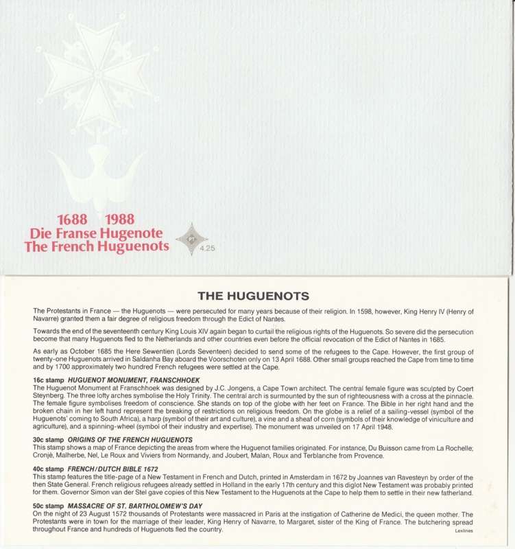 RSA 1988-04-13 300th Ann. of Arrival 1st French Huguenots FDC 4.25 (82 000) [SACC R7] Unserviced!