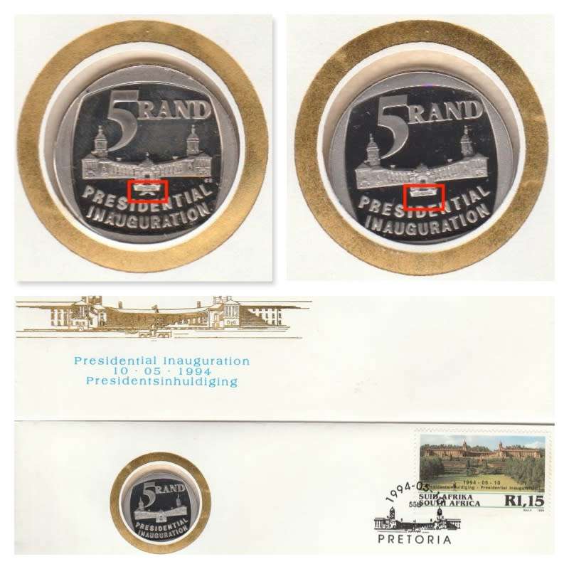 RSA 1994-05-10 Two R5 Coin Covers FDC 6.3c. Second cover with coin "No Steps" variety [SACC R1,200+]