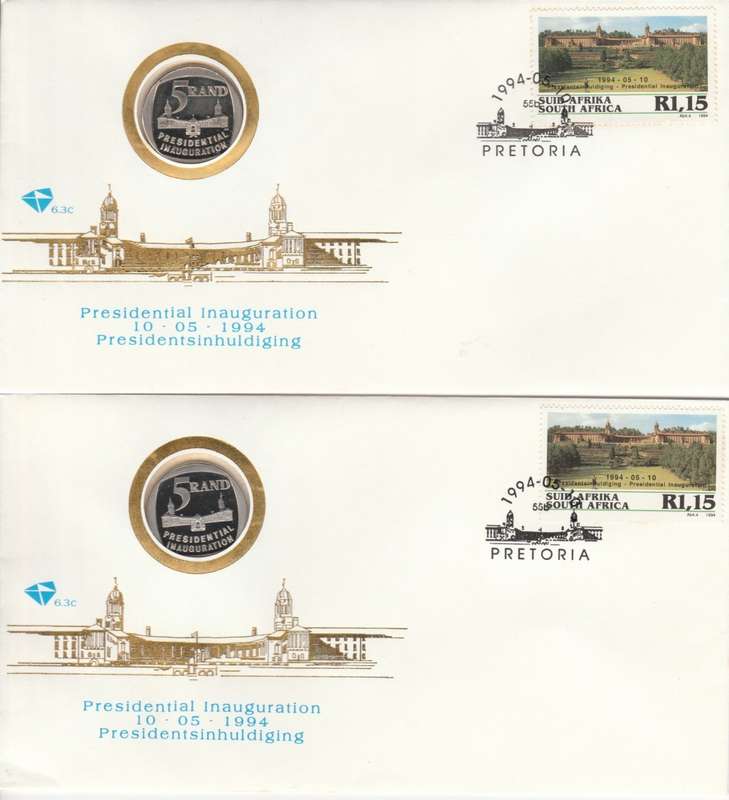 RSA 1994-05-10 Two R5 Coin Covers FDC 6.3c. Second cover with coin "No Steps" variety [SACC R1,200+]