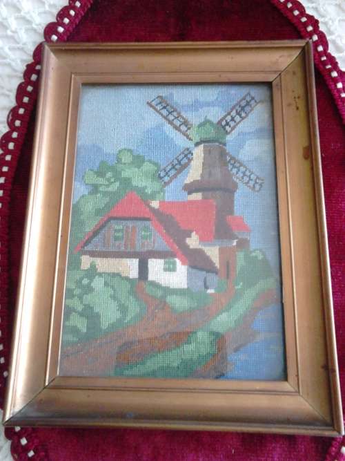 Vintage Glass Framed Tapestry - Windmill scene