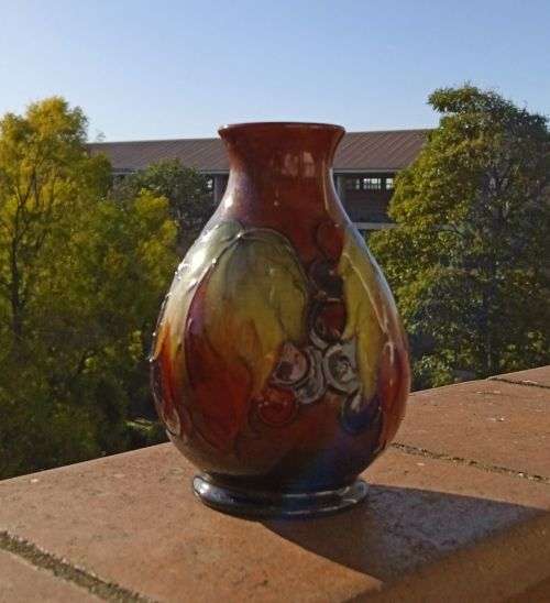 MOORCROFT FLAMBE LEAVES AND FRUIT SMALL VASE