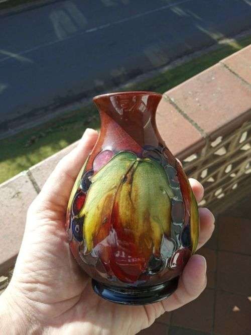 MOORCROFT FLAMBE LEAVES AND FRUIT SMALL VASE