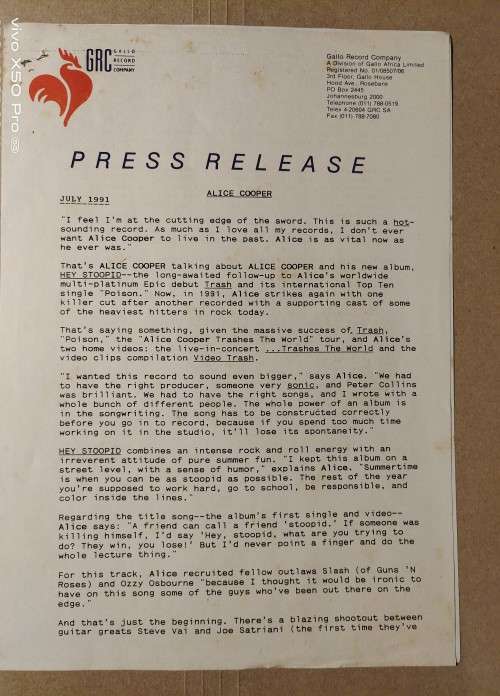 ALICE COOPER - HEY STOOPID - VG/EX