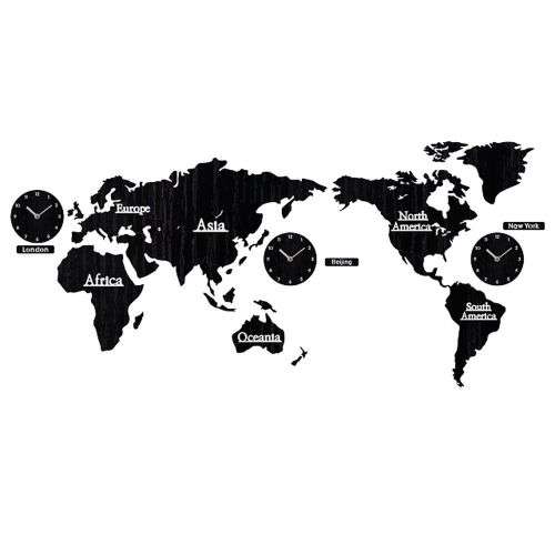 DIY 3D Wooden World Map Wall Clock- Black
