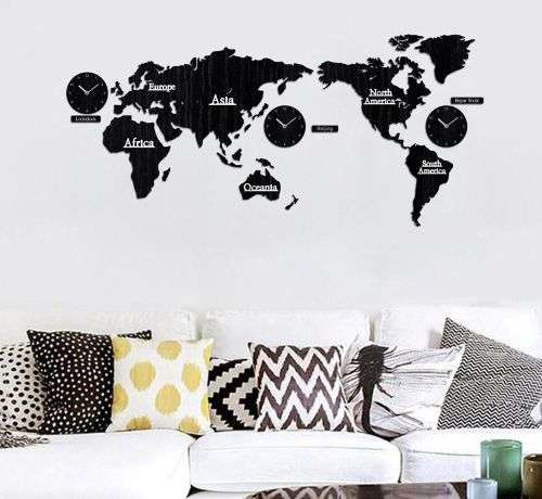 DIY 3D Wooden World Map Wall Clock- Black