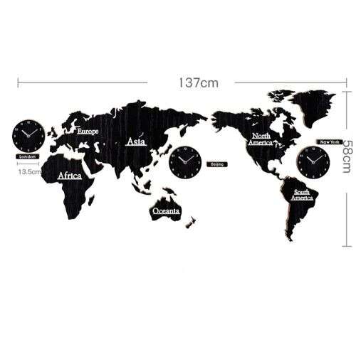 DIY 3D Wooden World Map Wall Clock- Black