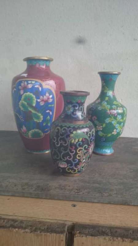 SET OF 3 COPPER BRASS CHINA VASES