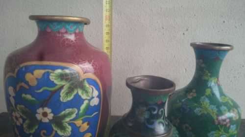 SET OF 3 COPPER BRASS CHINA VASES
