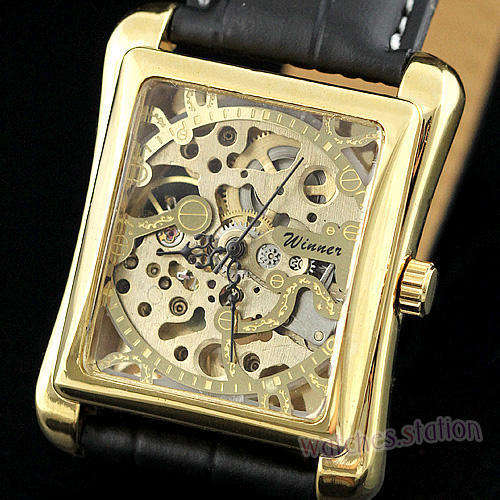 LUXURY GOLD SQUARE MECHANICAL SKELETON MENS WRISTWATCH