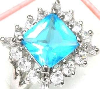 SKYBLUE SAPPHIRE AND WHITE TOPAZ cz RECTANGLE RING SIZE 8.5