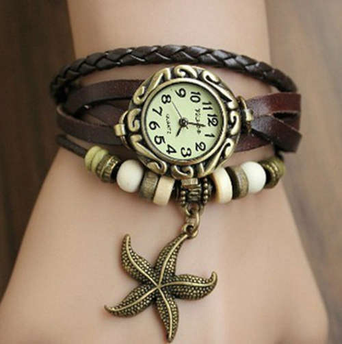 Women Genuine Leather Watch, Bracelet Wristwatches Feather/Seastar/Butterfly / 10 Colors