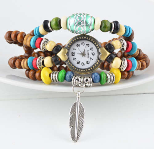 Vintage-looking ,Stretch Bracelet Beaded Watch,Feather Pendant