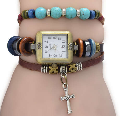 Genuine Leather Bracelet Watch with wooden beads - Cross