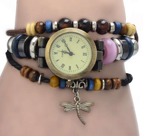 Genuine Leather Bracelet Watch with wooden beads - Dragon fly