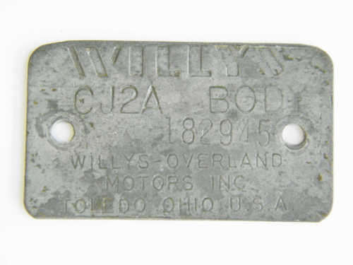 Willys Jeep CJ2A data plate - 182945 - as per photo
