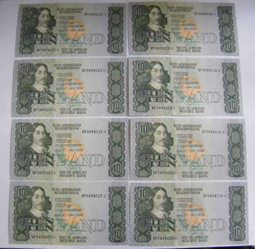 Lot of 8 of SA Stals Consecutive R10 Notes - as per photo