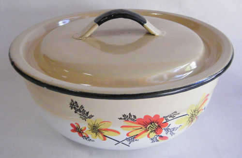 Vintage enamelled pot with flowers - as per photo