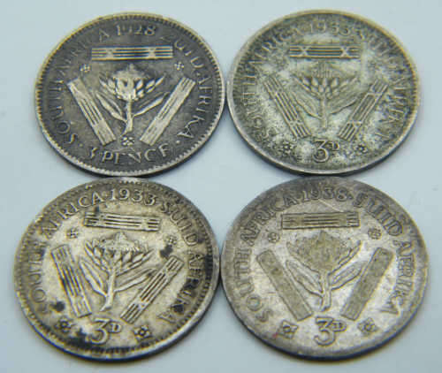 Lot of 4 SAU Tickey's - 1938, 1928 & 2x 1933 coins - as per photo