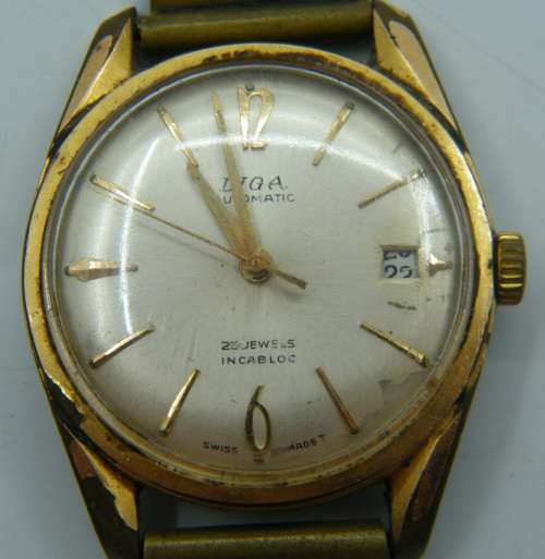 Vintage Liga Automatic 25 jewels incabloc mens watch  working but strap broken - as per photo