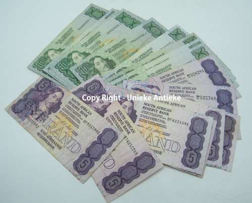 Lot of 20 old SA banknotes  10x R5 & 10x R10 - as per photo