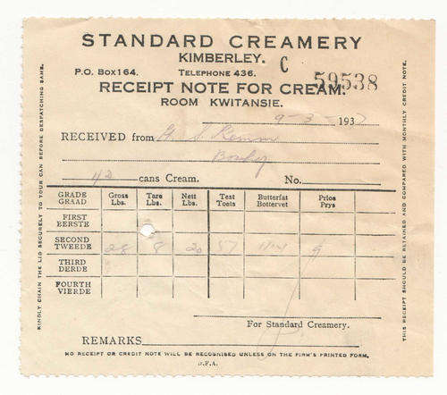 1937 Receipt for cream from Kimberley Standard Creamery 1937 - as per photo
