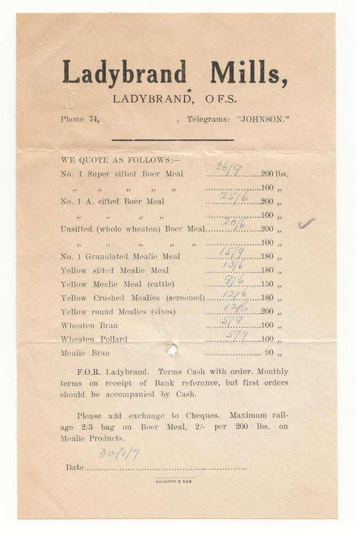 1930 Ladybrand Mills Price list - as per photo