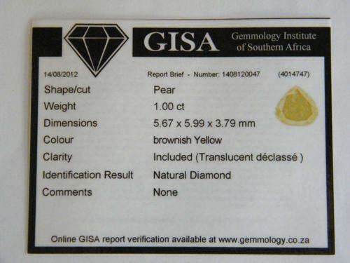 Diamond 1.00 ct Brownish yellow Pear cut - certificate by Gisa - as per photo