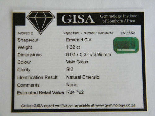 Emerald 1.32 ct Zimbabwe - Vivid Green with certificate by Gisa - as per photo