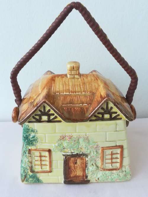Vintage English KSP ceramic biscuit barrel wirh wicker handle