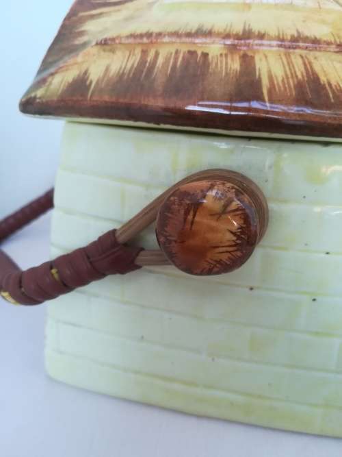 Vintage English KSP ceramic biscuit barrel wirh wicker handle