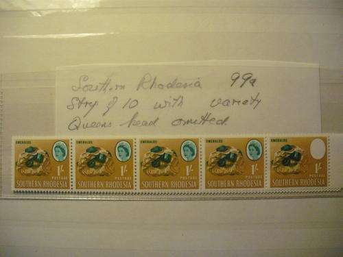S.Rhodesia strip of 10 with variety - 1 Queens head omitted stamp 1/- MNH