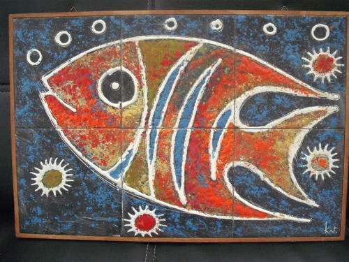 Retro Tile Art in frame  47 x 32cm