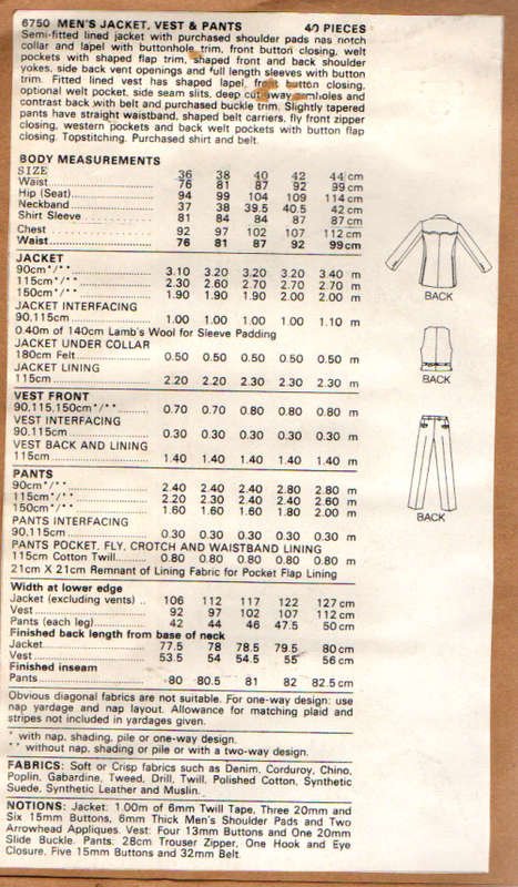 Sewing Pattern Butterick 6750 size 36 Jacket vest and Pants