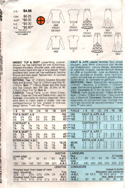 Sewing Pattern Butterick 3955 Size 14,16,18 - Skirt cut on size 14