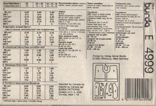 Sewing Pattern : Burda 4999, MATERNITY waist coat and pants Size 10 -20