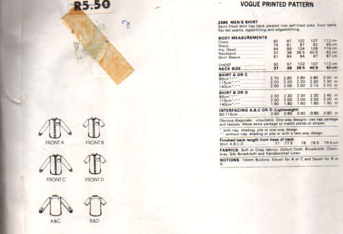 Sewing Pattern : Vogue 2586 Men`s Shirt Factory Folded size 36 Neck 37cm