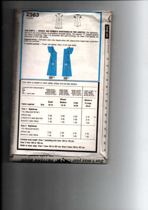 Sewing pattern  Style 2363 Night dresses Size Large 18 - 20 Complete