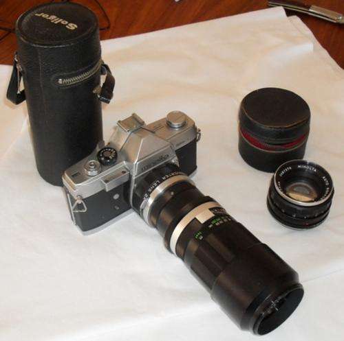 Minolta SR1, Minolta f=55mm 1:1.8 outo rokor, Soligor 1:4.5 f=200mm with case, tele converter lensx2