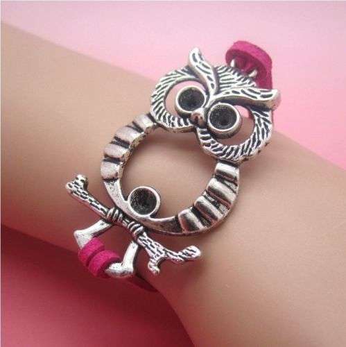Pink Infinity Owl Leather Cute Charm Bracelet