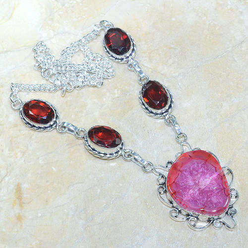 DRUSY AGATE+GARNET SILVER NECKLACE