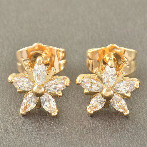 Shiny 9K Solid Gold Cubic Zirconia Ladies Flower Stud Earrings