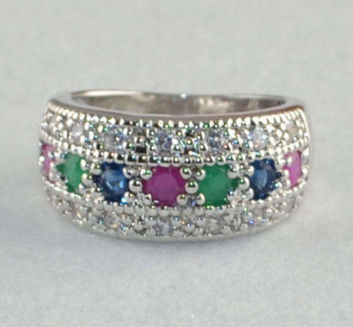Silver Ruby, Blue Sapphire, Emerald & Topaz Gemstones Ring size 7