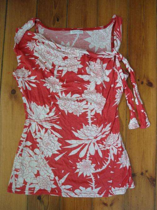 Topshop 10 RETRO slouch neck FOLK floral TOP evening boho INDIE red pink vintage