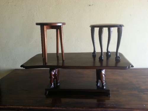 Dark Brown Wooden Detailed Coffee Table With Additional Side Tables