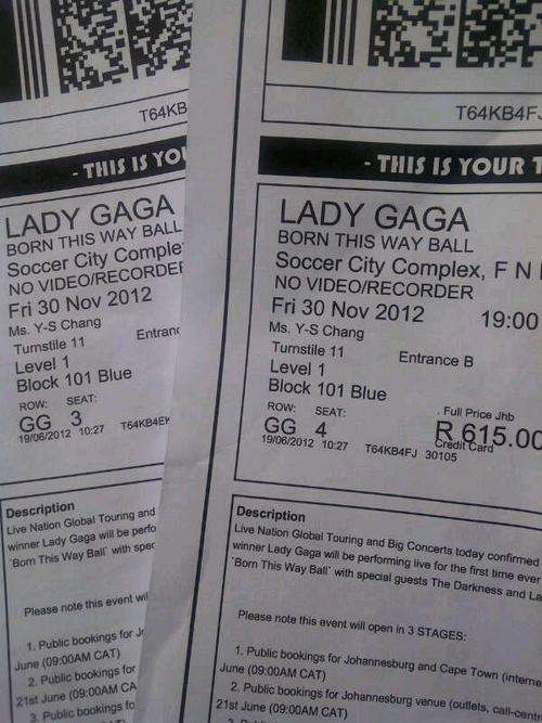 Lady Gaga Ticket Johannesburg