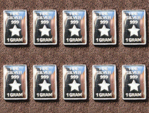 10bar x 1 GRAM 999 Fine Pure SOLID SILVER BULLION BAR "star" 10X15X1 MM