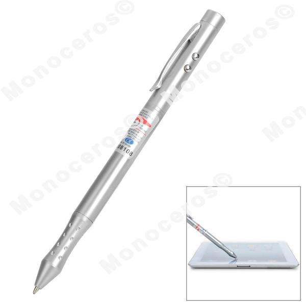 4-in-1:  5 mW Red Laser, 1xLED Flashlight - Resistive Screen Stylus - Black Ballpoint Pen