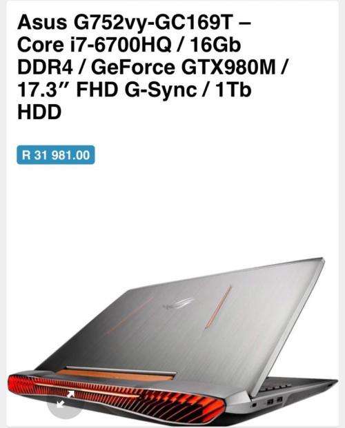 ASUS G752VY-GC169T - Core I7-6700HQ / 16Gb DDR4 / Geforce GTX980M / 17.3 " FHD G-Sync / 1TB  HDD