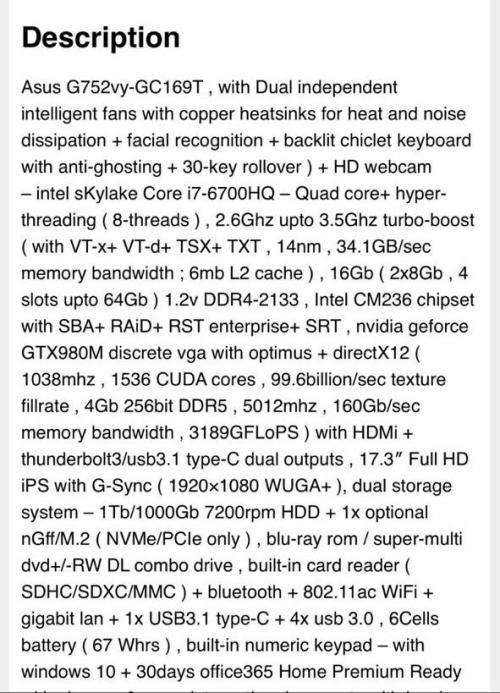 ASUS G752VY-GC169T - Core I7-6700HQ / 16Gb DDR4 / Geforce GTX980M / 17.3 " FHD G-Sync / 1TB  HDD